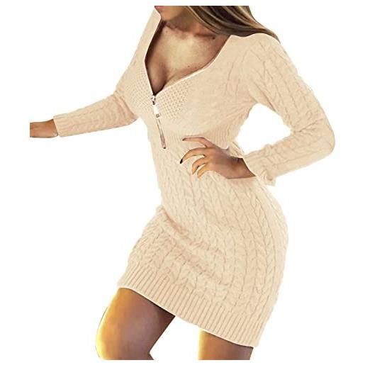 FGUUTYM abito da donna in maglia, mezza zip, scollo a v, manica lunga, tinta unita, abito da donna vestito corto lana