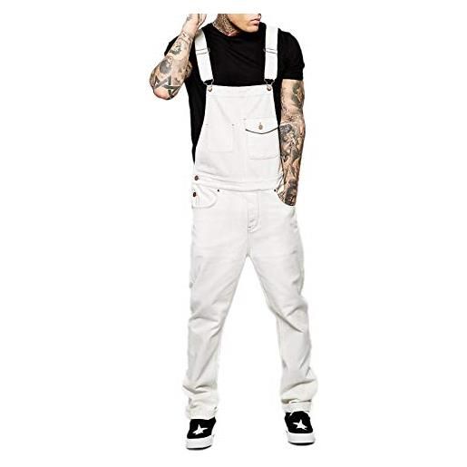 JINNELLE salopette da uomo in cotone con bretelle a gamba dritta, bianco, 3xl
