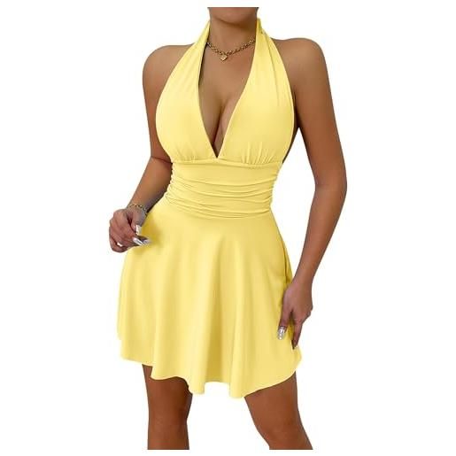 AIEOE abiti donne con collo a v sexy bodycon cocktail stretto abito party vestito aderente taglia m giallo