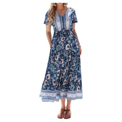 R.Vivimos donna vestiti lungo estivo boho floreale maxi abito elegante scollo a v maniche corte abito casual vacanze