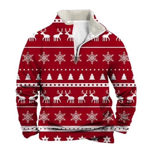 Generisch maglione uomo natale casual stampa pullover velluto collare manica lunga collo collo alto maschio felpa felpa con scollo a v, colore: rosso, l