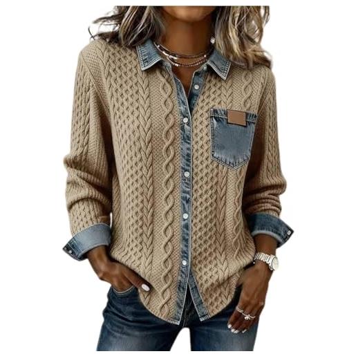 Generic maglione da donna in denim colletto abbottonato patchwork denim camicia vintage waffle maglia jeans maglione abbigliamento casual camicette top