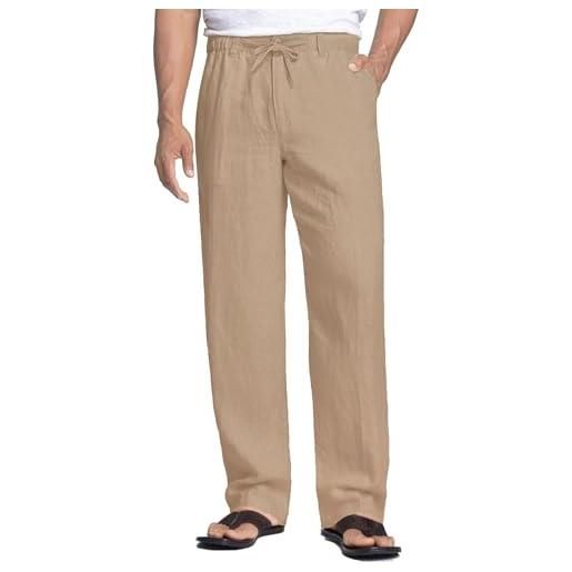 COOFANDY pantaloni lino uomo estivi casual leggeri spiaggia pantaloni elastico vita coulisse larghi con tasche marrone chiaro-b m