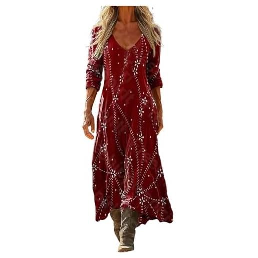 Gienslru vestito lungo donna estivo boho chic in lino effetto, maxi abito floreale vintage con scollo a v e maniche lunghe, elegante con tasche per mare vacanza cerimonia primavera estate taglie forti curvy