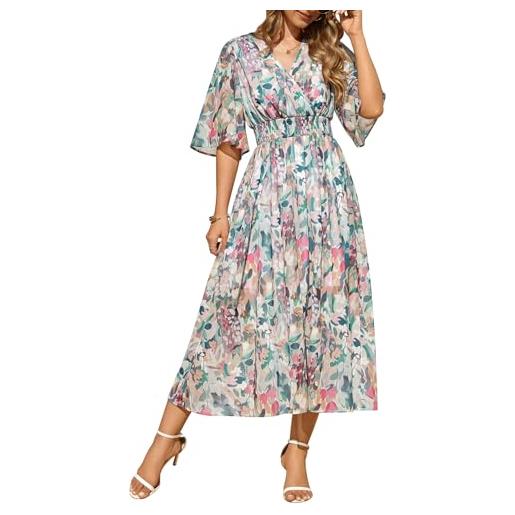 PASUDA abiti donna estivi vestiti manica corta vestito lungo elegante scollo a v boho stampa floreale elastico a vita alta abito da mare spiaggia casual cocktail party (fiori colorati, m)
