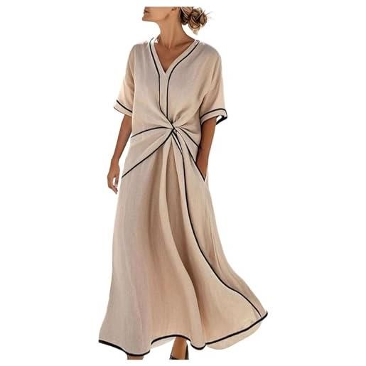 HAOLEI abito lino donna estivo lungo maniche lunghe casual abito camicia lino maxi elegante vestiti estivi cotone spiaggia mare boho con tasche per la primavera e l'estate confortevole e traspirante
