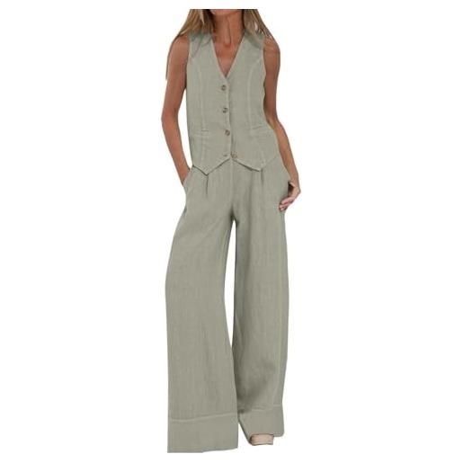 MASUCOR abito in lino da donna elegante per il tempo libero completo estivo in lino in due pezzi blazer senza maniche gilet e pantaloni con scollo a v completo in 2 pezzi tailleur casual tinta unita