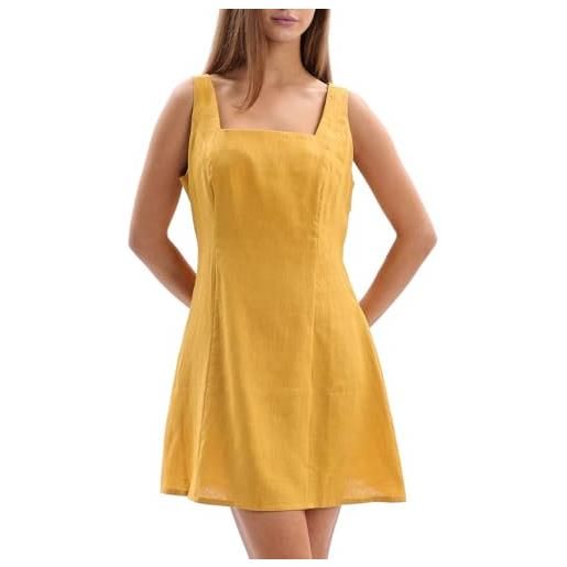 Amazhiyu abito da donna in lino, senza maniche, da spiaggia, con chiusura lampo, giallo. , s