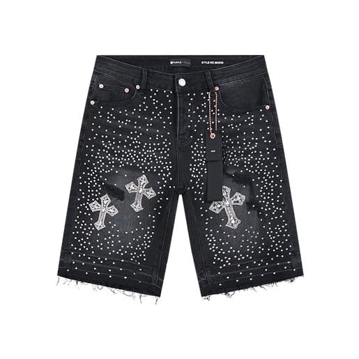 Oryvandel pantaloncini jeans uomo con strass e croci y2k, bermuda denim shorts stile streetwear hip hop, pantaloni corti elasticizzati con brillantini e orlo sfrangiato