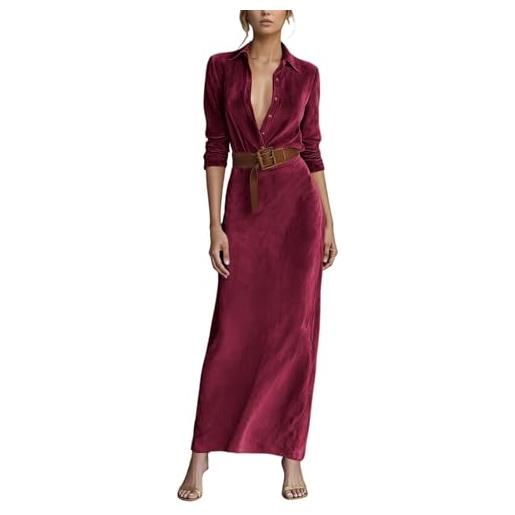 Generisch abito lungo da donna in velluto con cintura - elegante maxi abito con scollo profondo | abito da sera attillato per occasioni festive