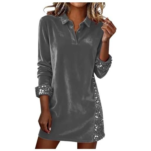 Lggwunsi vestiti donna curvy - abito da donna a maniche lunghe, con paillette, patchwork in velluto, elegante, tinta unita, con risvolto, per feste di capodanno, grigio, m
