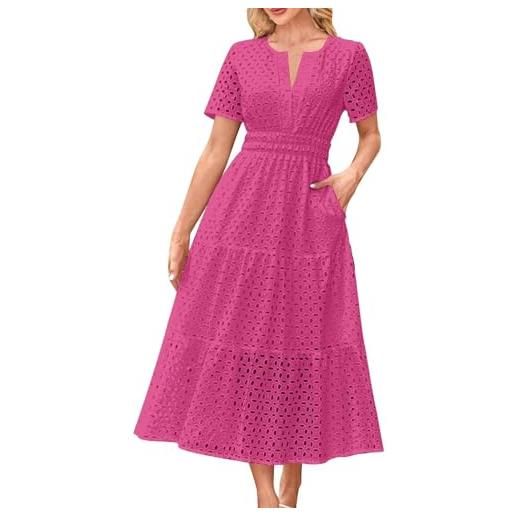 Generisch abito estivo da donna, a maniche corte, casual, con scollo a v, con occhielli, a vita alta, con volant, linea ad a, abito lungo, rosa, xl