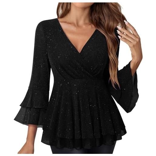 Generic top da donna scintillante da donna con volant svasato manica a 3/4 eleganti camicette eleganti glitterate a doppio strato camicie in rete con scollo a v casual tunica top slim magliette da sera feste