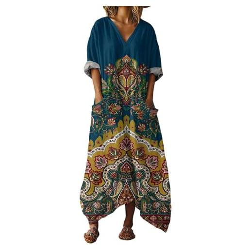 Gienslru abito lungo donna boho mare vestito estivi lunghi chic in lino effetto scollo a v maniche a 3/4 maxi vestiti con tasche e comodo kaftan per mare vacanza estate taglie forti curvy copricostume