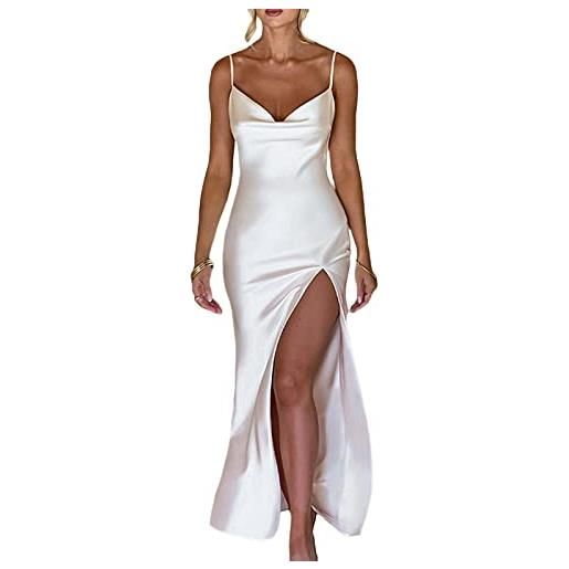 Owegvia abito da donna in raso di seta con spacco alto, scollo a collo alto, abito da damigella d'onore a sirena con maniche lunghe a spago (bianco), bianco, s