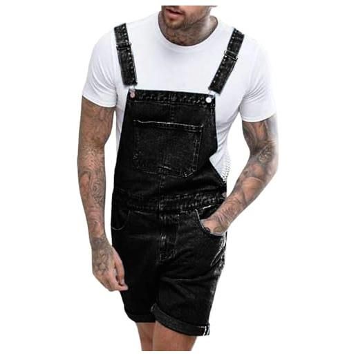 Runcati salopette da uomo in cotone, jeans, pantaloni corti da lavoro, vestibilità larga, da uomo, in denim, con tasche, nero , m