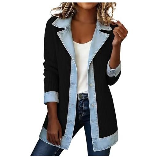 Modaworld cappotto lungo donna in maglia con inserti in denim - colletto a risvolto a contrasto