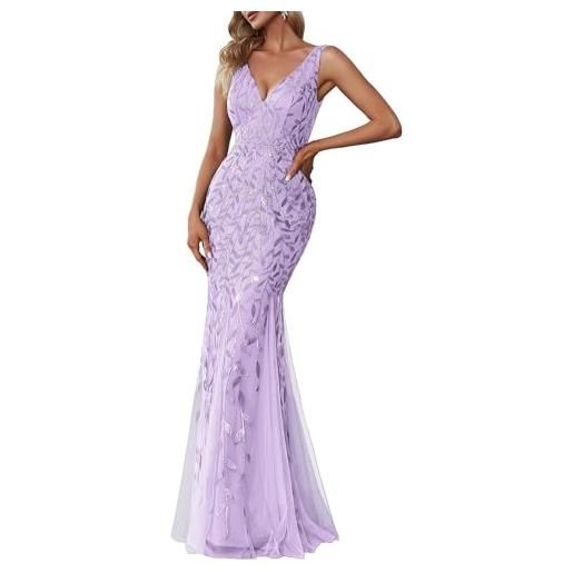Ever-Pretty abiti da damigella d'onore tulle paillettes senza maniche impero vita scollo a v a line lavanda 54