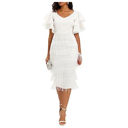 VERWIN abito da donna maxi con frange a vita alta con scollo a v con nappe a più livelli abito da ballo, bianco, m