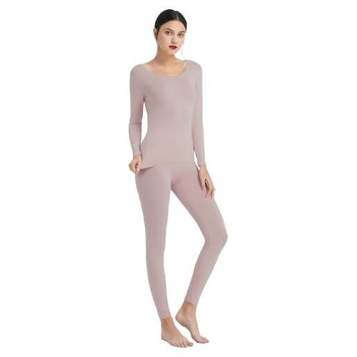 Mcilia - completo intimo termico da donna, modale ultra sottile, con scollo scoop, camicia a maniche lunghe & leggings, pelle rosa medium (eu 40 42)