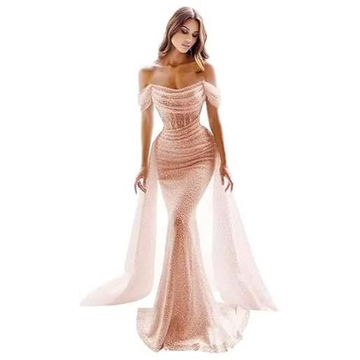 Generico abiti da sera in tulle scintillante vestito da cocktail lungo a sirena fuori spalla abito da ballo formali in pizzo con treno staccabile senza schienale oro rosa m