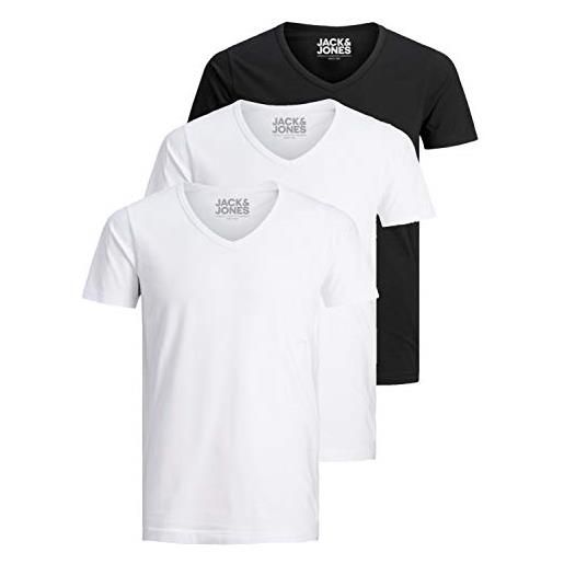 JACK & JONES jack and jones - maglietta da uomo basic con scollo a v, confezione da 3, tinta unita, slim fit, in bianco, nero, blu, grigio, xl