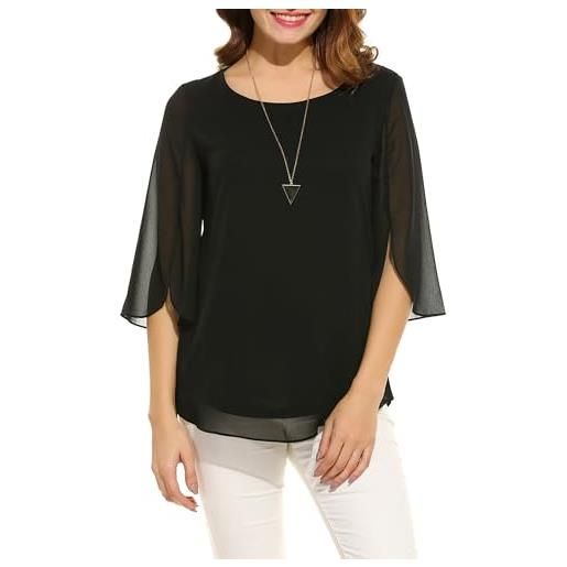 Timuspo tunica da donna in chiffon, casual, con collo rotondo, taglie grandi, a mezza maniche corte, vestibilità ampia, nero puro. , m
