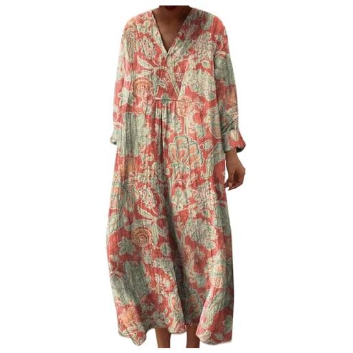 Udbeksid abito estivo donna lungo in lino boho v maniche lunghe vestiti larghi maxi vintage floreale elegante comodo taglie forti casual con tasche per spiaggia mare vacanza 2026