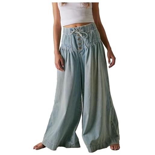 Sukany pantaloni da donna larghi in denim a gamba larga midi in vita con coulisse jeans a palazzo button down flare volant plissettati jeans denim