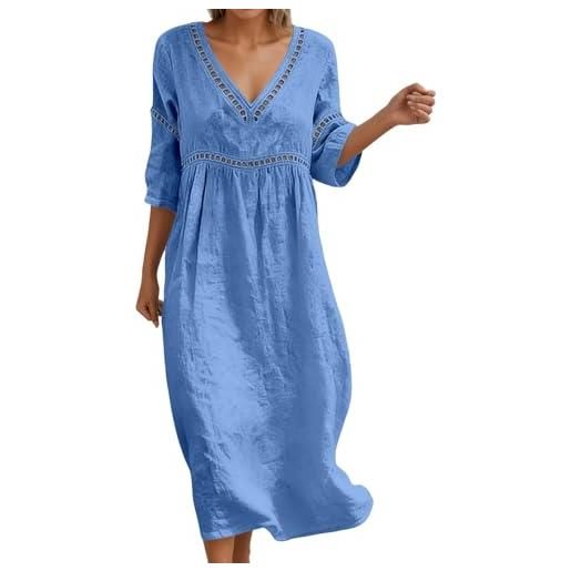 Generico abito lino donna - abito estivo a maniche a 3/4 boho chic abiti vacanza comodo taglie forti vestito lungo in cotone scollo a v largo vestiti da spiaggia tinta unita morbido e traspiranti
