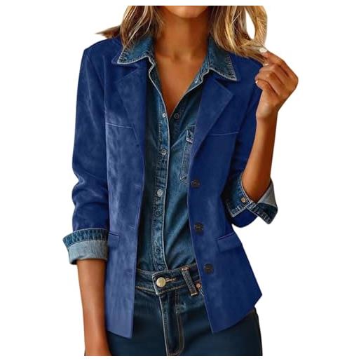 Generic giacche in pelle scamosciata per donna, blazer in ecopelle, giacca con risvolto, aderente, con bottoni, per esterni, eleganti, casual, cappotti da donna, blu scuro, 3xl