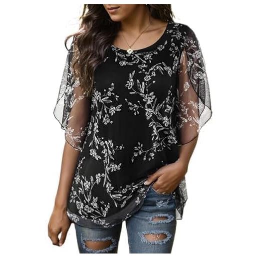 Timuspo tunica da donna in chiffon, casual, con collo rotondo, taglie grandi, a mezza maniche corte, vestibilità ampia, nero , m