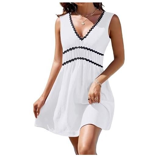 Satohom vestiti casual estivi donna scollo a v abito senza maniche vestito eleganti da spiaggia abitos a canotta vita alta a line elastico cotone abiti avvolgenti tinta unita midi dress
