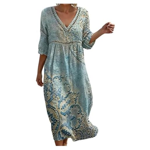 Gienslru vestito lino donna estivo lungo boho chic abito scollo a v maniche 3/4 manich vestiti estivi lunghi casual elegante per mare spiaggia taglie forti curvy dresses abito con tasche primavera