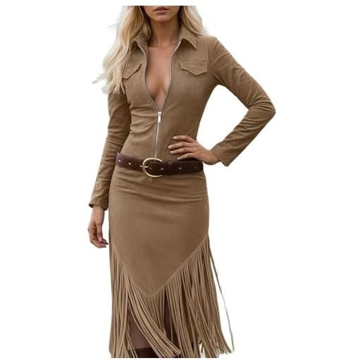 Generic abito da donna in pelle scamosciata a maniche lunghe con risvolto e frange, vestibilità aderente, con cerniera, per gite, feste, uso quotidiano e viaggi, marrone scuro, l