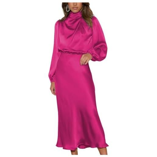 LIAOPUFUS donna abito lungo in satin increspato maniche lunghe vestiit vita in stile sciolto autunno nuovo elegante vestito cocktail da donna e ragazze