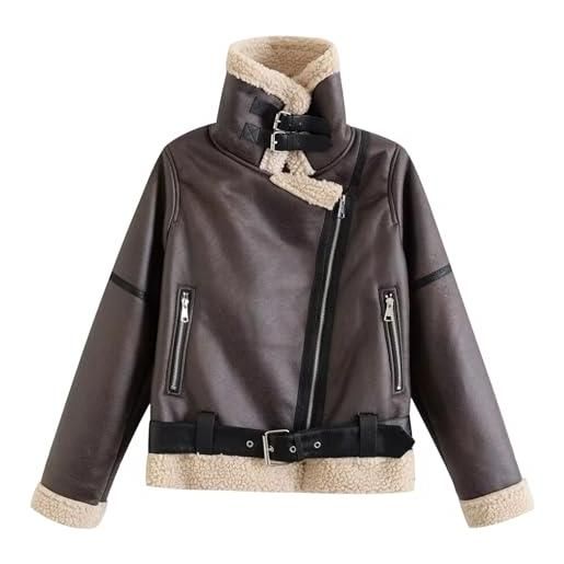 Generic giacca invernale da donna in similpelle con cerniera, parka foderato spesso, cappotto in montone con tasche