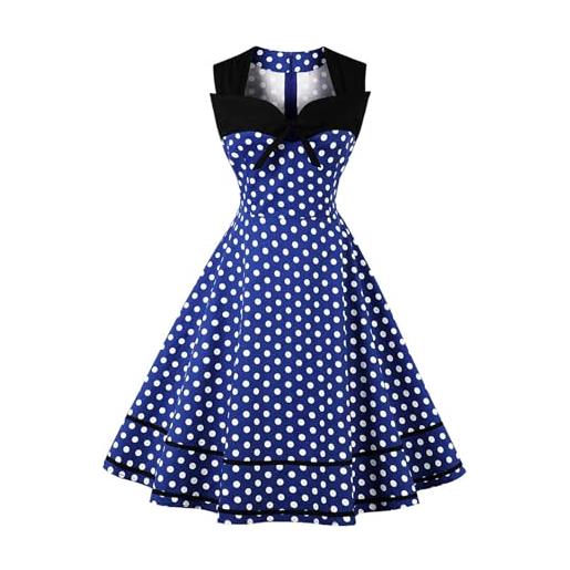 AXOE donna abito vintage anni 50 elegante con fiocco rockabilly cotone senza maniche per festa cerimonia blu pois bianco taglia 48, xl