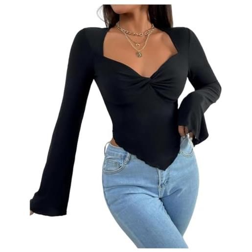 Rongseng donna maglietta a maniche lunghe crop top sexy slim t shirt scollatura a cuore twist front orlo asimmetrico maglia cotone camicette eleganti morbido pullover moda casual y2k streetwear