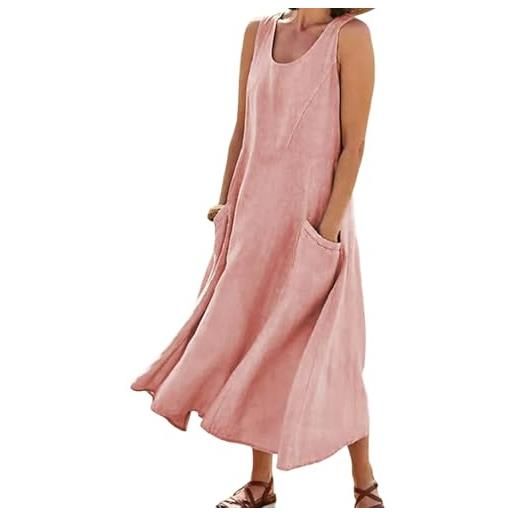 Generico abiti estivi da donna 2025, maxi dress senza maniche in cotone e lino, casual largo monocromatico taglie forti con tasche (pink, 5xl)