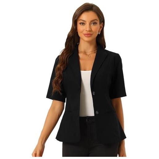 Allegra K donna blazer in lino di cotone per giacca blazer con risvolto dentellato a maniche corte da ufficio
