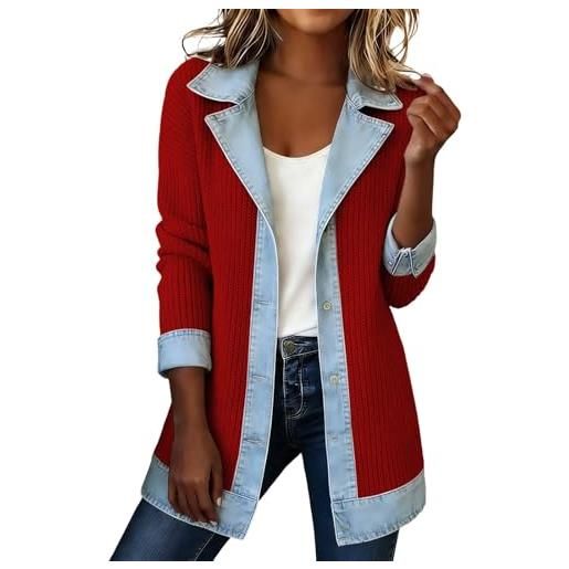 Generisch cardigan da donna in denim patchwork con colletto in jeans, blocco di colore, casual, a maniche lunghe, a maglia, attillato, per il tempo libero, alla moda