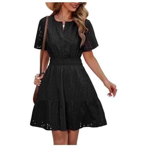 Svanco vestito donna in cotone, abito estivo donna elegante con scollo a v e motivo traforato, abito cerimonia donna per matrimonio in spiaggia, casual, feste e vita quotidiana