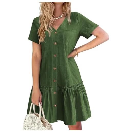 Generisch vestito estivo da donna, in lino, con bottoni, con scollo a v, maniche corte, linea ad a, mini abito a tunica con volant, leggero abito da spiaggia per uso quotidiano casual, verde militare
