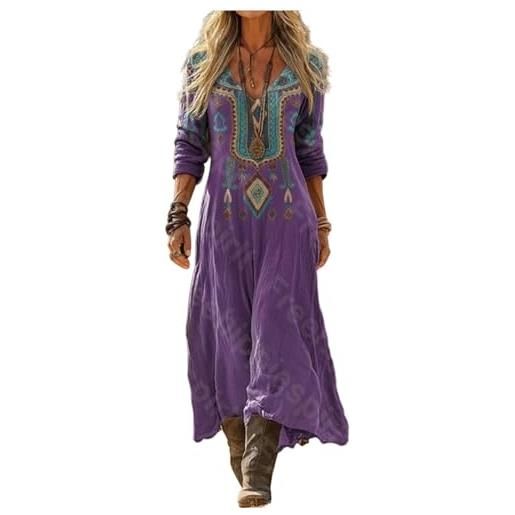 Gienslru vestito lino donna estivo lungo boho chic scollo a v manica 3/4 abito maxi floreale vintage elegante e comodo per mare vacanza primavera estate taglie forti curvy 2026 dresses