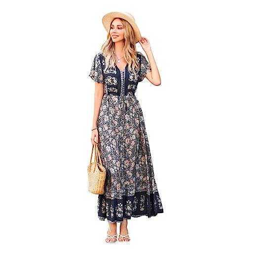 R.Vivimos donna vestiti lungo estivo boho floreale maxi abito elegante scollo a v maniche corte abito casual vacanze