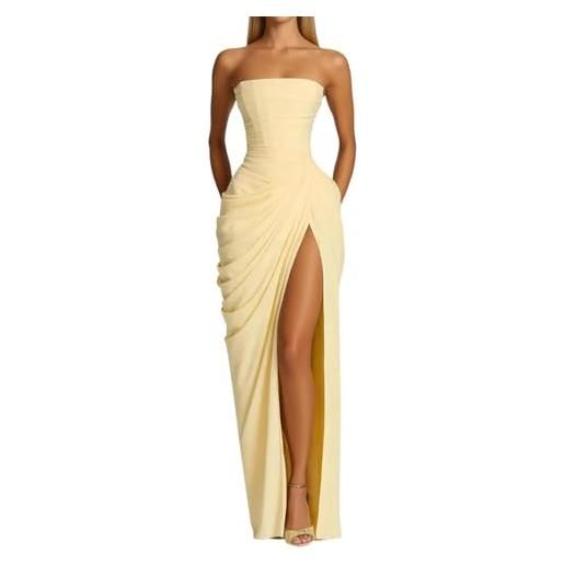 Generico abito da lungo da donna abito senza maniche elegante vestito da cerimonia con spacco casual vestiti senza spalline aderente vestito bodycon tubino per feste cocktail nozze (01-yellow, xl)