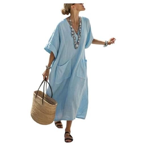 Gienslru abito estivi donna lino vestito - abiti lungo elegante boho chic kaftan marocchino copricostume mare spiaggia curvy taglie forti abbigliamento leggero eleganti casual dress con tasche