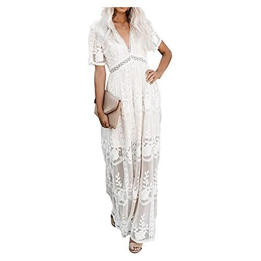 amropi vestito di pizzo lungo donna cerimonia scollo a v manica corta maxi abito da cerimonia bianco, m