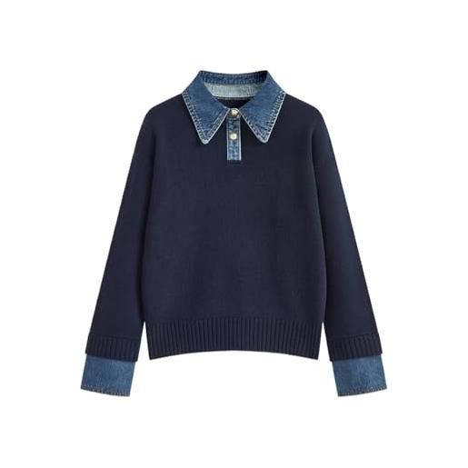 BQDCQB maglioni da donna a maniche lunghe oversize autunnali 2 in 1 con pannello in denim con risvolto maglione polo lavorato a maglia